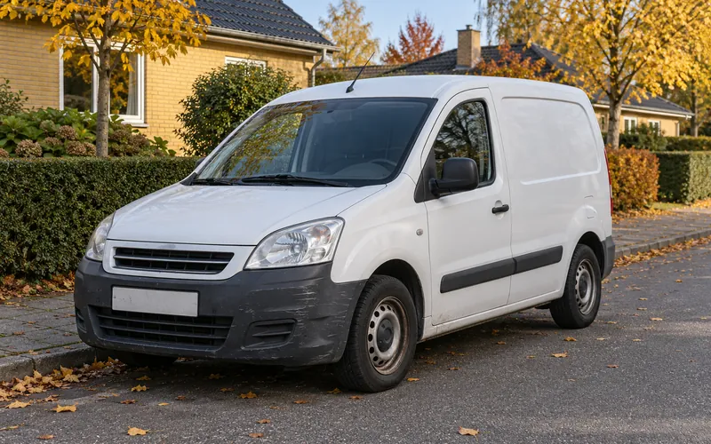 En ældre hvid varebil parkeret på en villavej