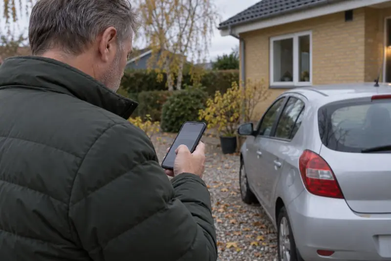 En mand skriver på sin telefon ved siden af sin bil i indkørslen