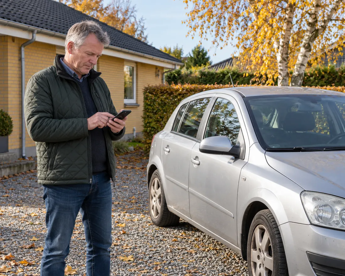 En mand skriver på sin telefon ved siden af sin bil i indkørslen