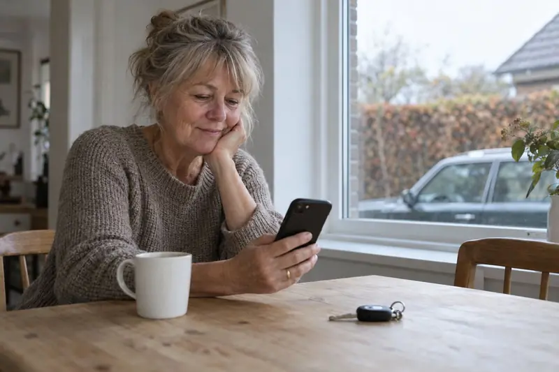 En kvinde læser en besked på sin telefon ved køkkenbordet