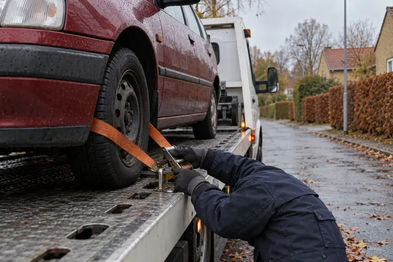 Chaufføren spænder bilen fast på autotransporteren