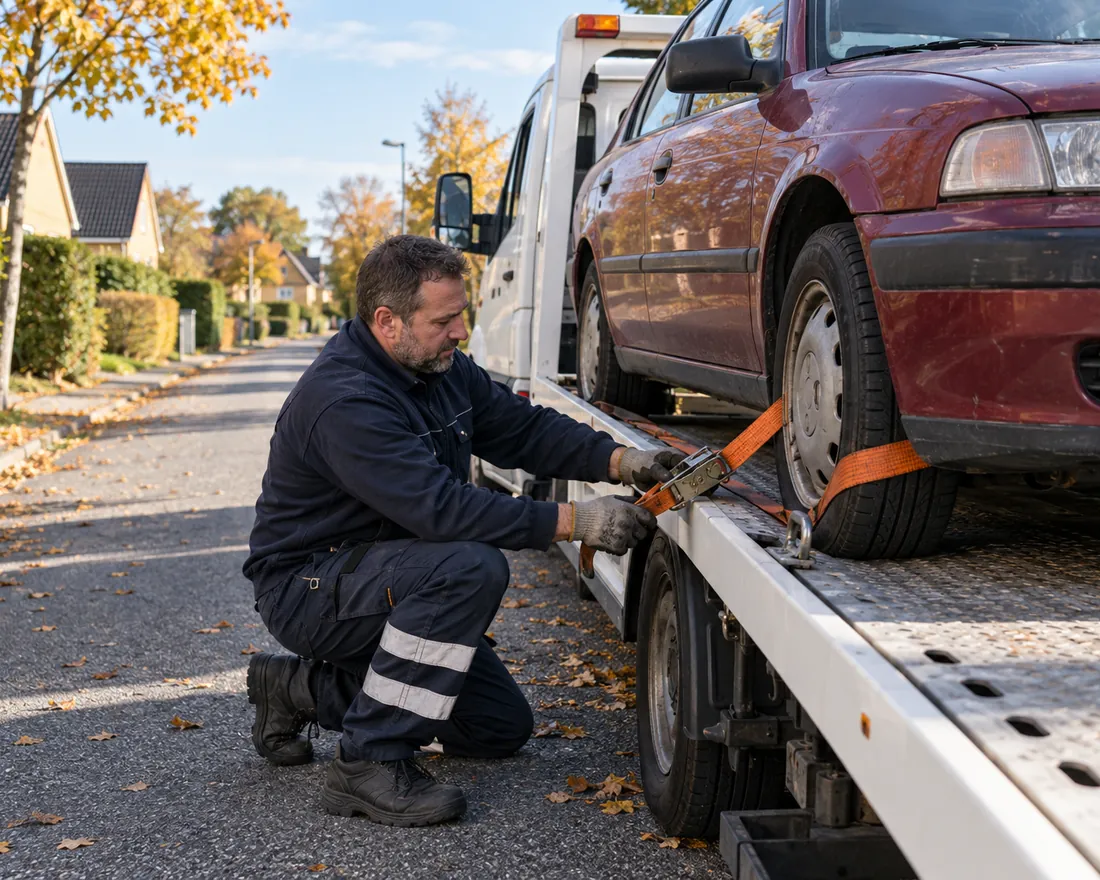 Chaufføren spænder bilen fast med en strop på autotransporteren